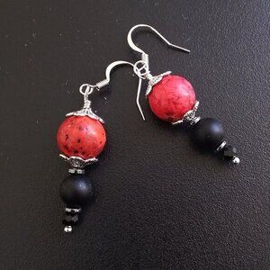 Handmade! Color Pop! Tomato Red Black & Silver Dangle Earrings